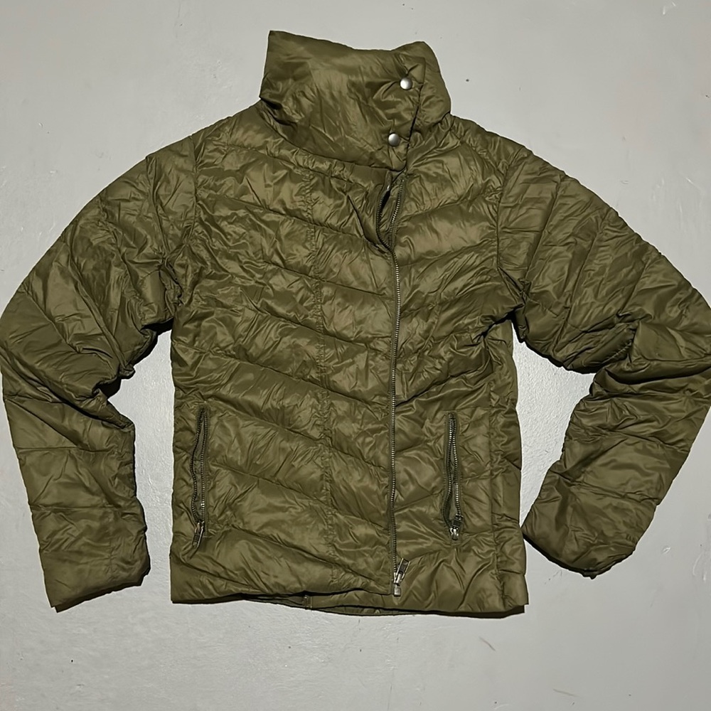 Patagonia cowl neck olive green down jacket